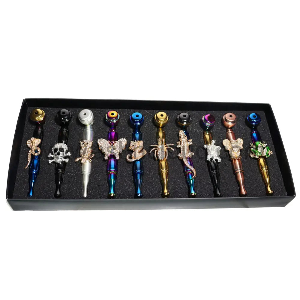 10 Pcs - Box Fancy Animals Character Diamond Metal Pipe 6’’