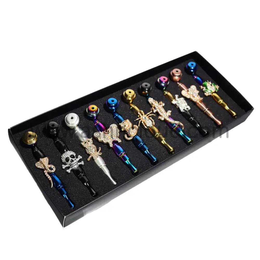 10 Pcs - Box Fancy Animals Character Diamond Metal Pipe 6’’