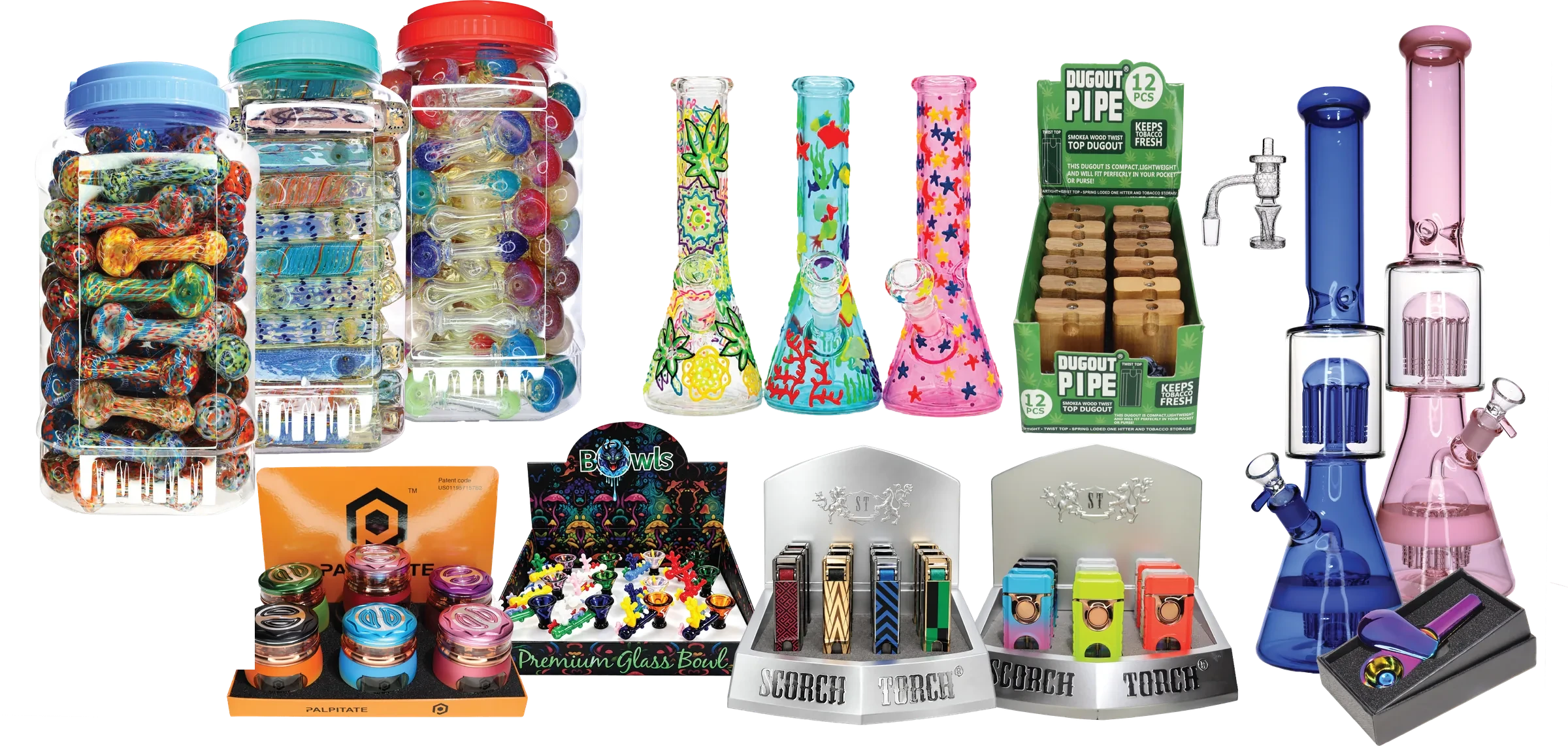 Ash N Cloud wholesale products: bulk jars of hand pipes, glass water pipes, torch displays, bowls, dugouts and more