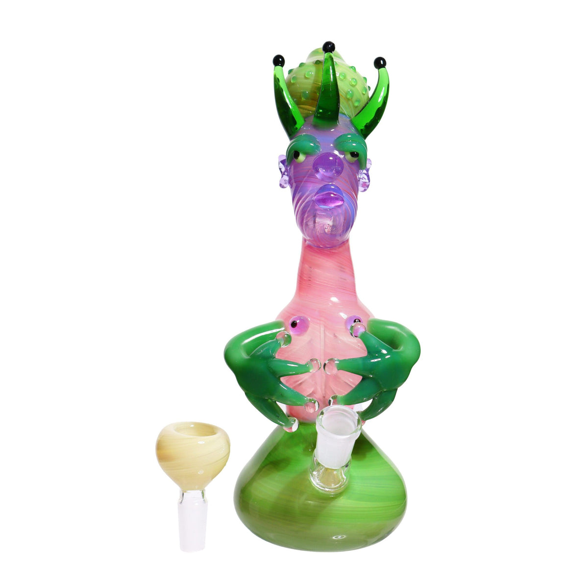 10 Inch Pink Monster Design Glass Bubbler
