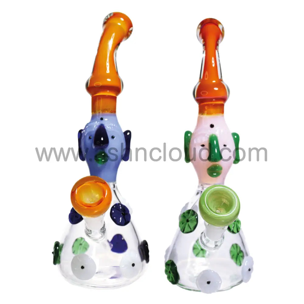 11 In - Fancy Monster Head Glass Bubbler Clear Base With Patterns