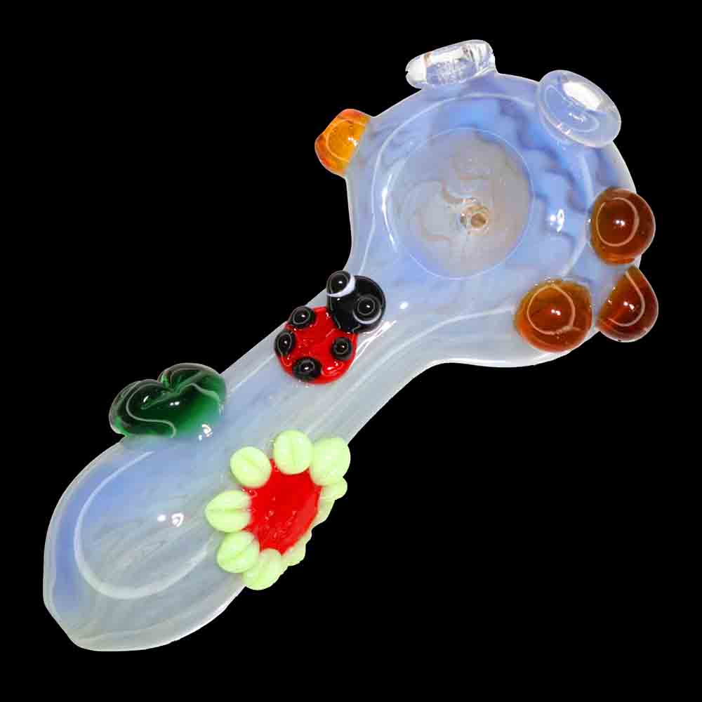4.5" Novelty Marble Glass Hand Pipe – Character Accent Spoon Pipe Bees and Flowers
