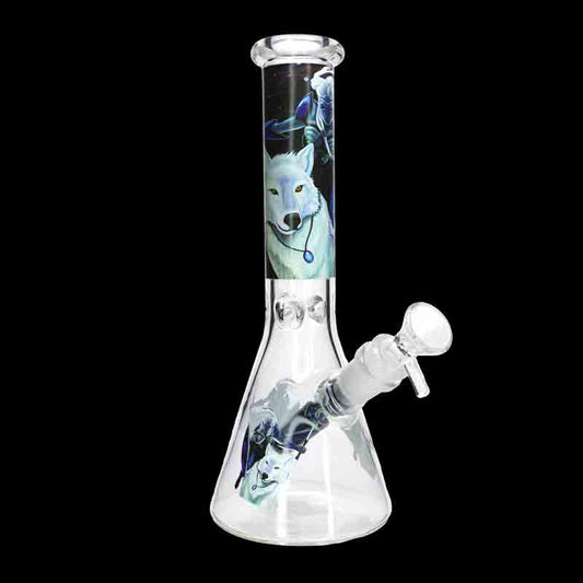 🐺❄️ 10” Wolf Beaker Bong – Arctic Wolf Glass Water Pipe