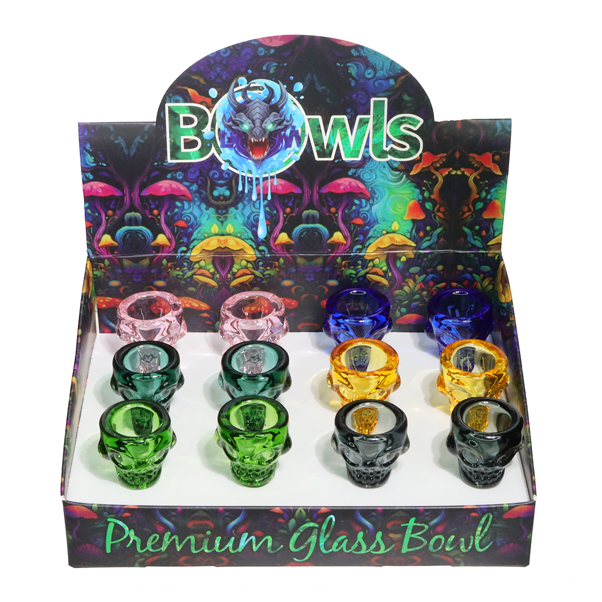 12 PCS – Skull Design Premium Glass Bowls – Assorted Colors Wholesale Display