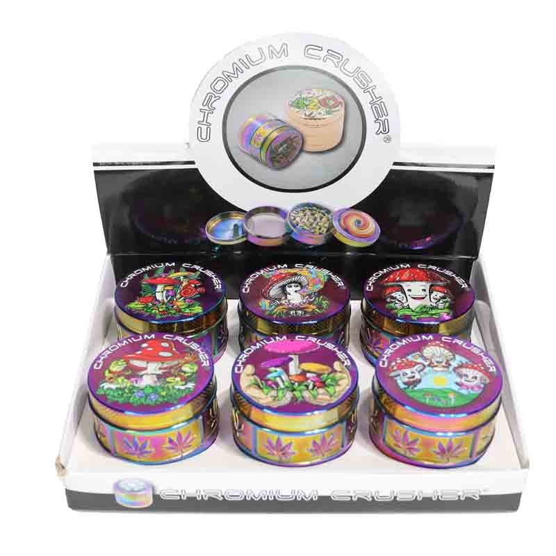 Chromium Crusher 4-Piece Herb Grinder Display (6-Pack) – 2.5" 63 mm Mushroom Art Collection