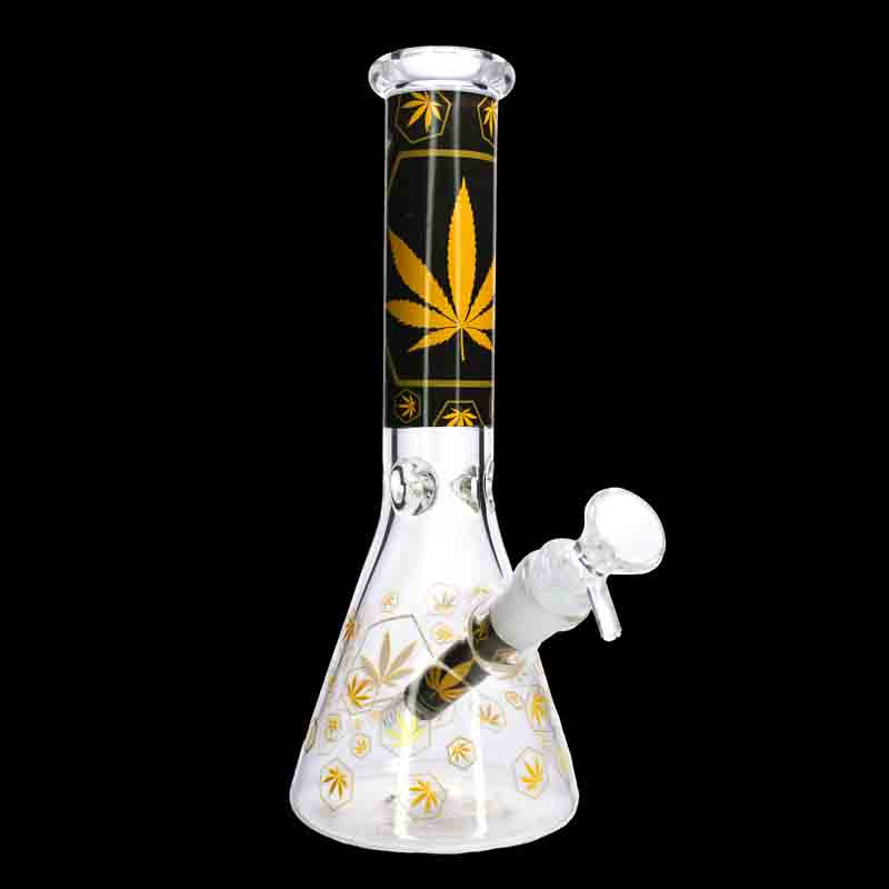 🌿✨ 10” Gold Leaf Beaker Bong – Premium Black & Gold Graphic Glass Water Pipe