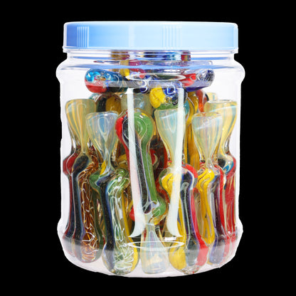 32 PCS – Assorted Wavy Color-Ribbon Glass Chillums in Display Jar – Wholesale