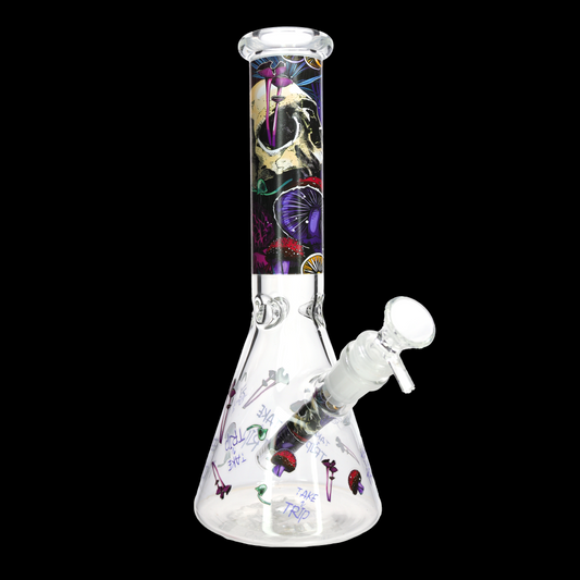 💀🍄 10” Skull & Psychedelic Mushroom Beaker Bong – Dark Graphic Glass Water Pipe