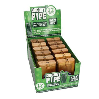 12 PCS – Smoked Wood Twist-Top Dugout Pipe Display with One-Hitter – Wholesale