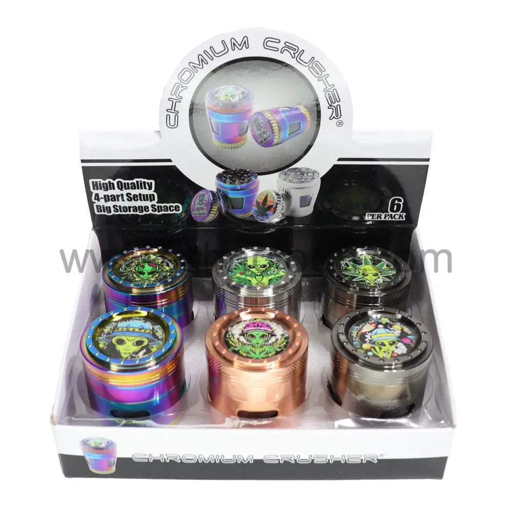 2’’ 55mm Chromium Crusher Alien 4-Piece Herb Grinder Display (6-Pack) - 70418