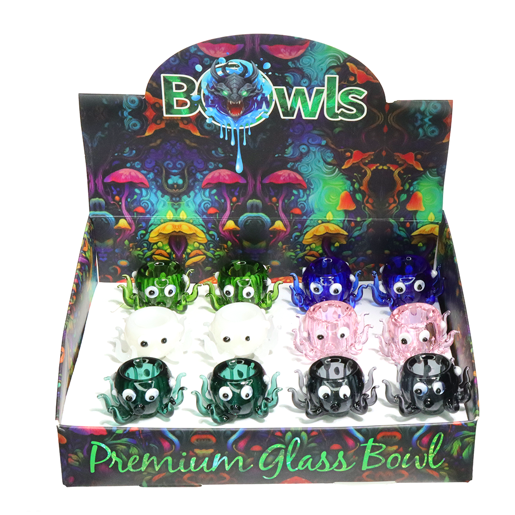 12 PCS – Octopus Design Premium Glass Bowls – Assorted Colors Wholesale Display