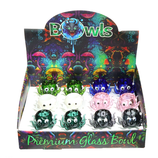 12 PCS – Octopus Design Premium Glass Bowls – Assorted Colors Wholesale Display