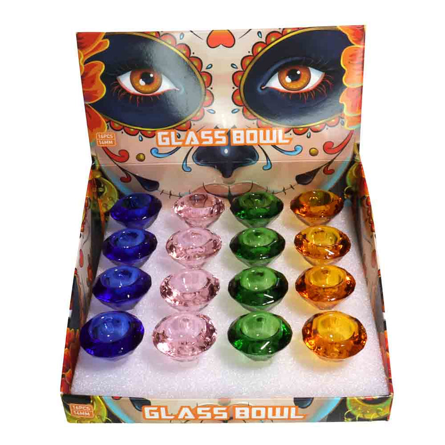 Diamond-Cut 14mm Glass Bowl, 16-Piece Display