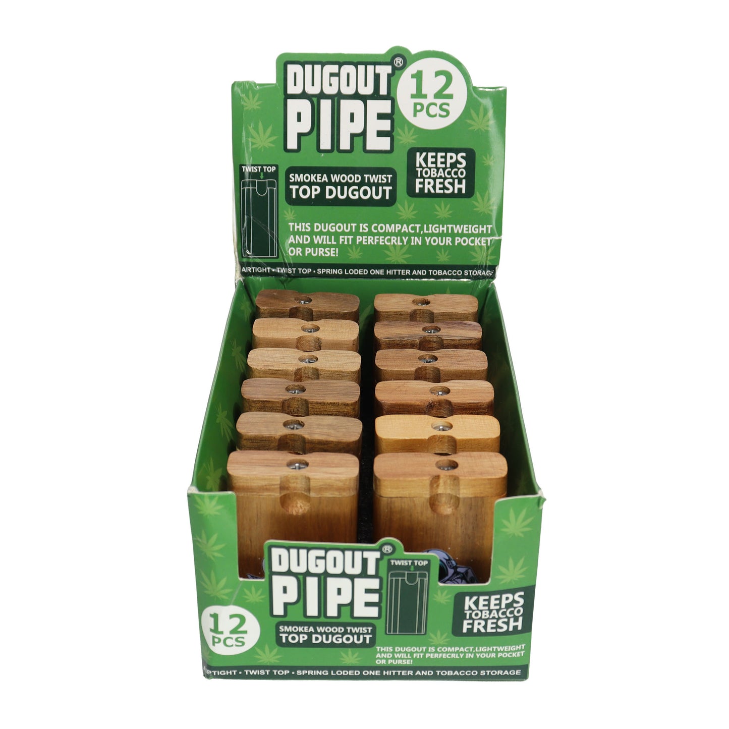 12 PCS – Smoked Wood Twist-Top Dugout Pipe Display with One-Hitter – Wholesale