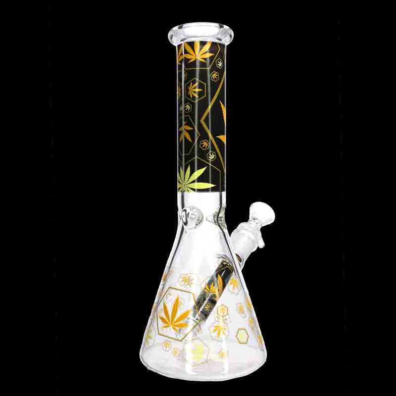 🌿✨ 10” Gold Leaf Beaker Bong – Premium Black & Gold Graphic Glass Water Pipe