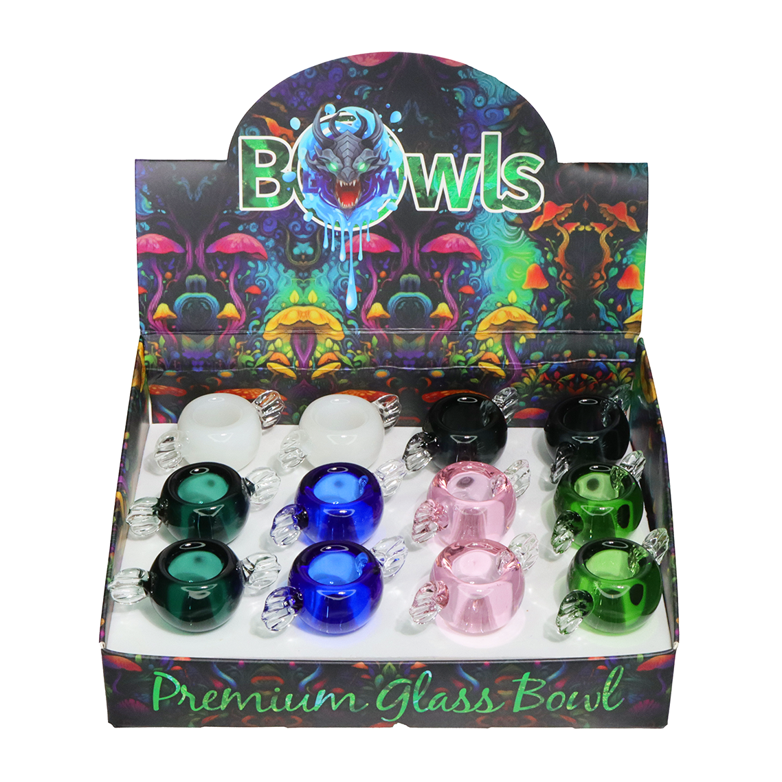 12 PCS – Wrapped Candy Design Premium Glass Bowls – Assorted Colors Wholesale Display