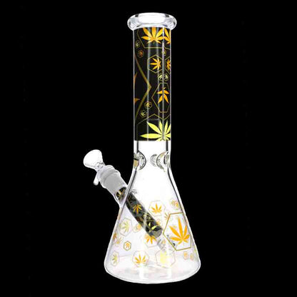 🌿✨ 10” Gold Leaf Beaker Bong – Premium Black & Gold Graphic Glass Water Pipe