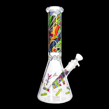 🎸🔥 10” Rock Music Beaker Bong – Colorful Graphic Glass Water Pipe
