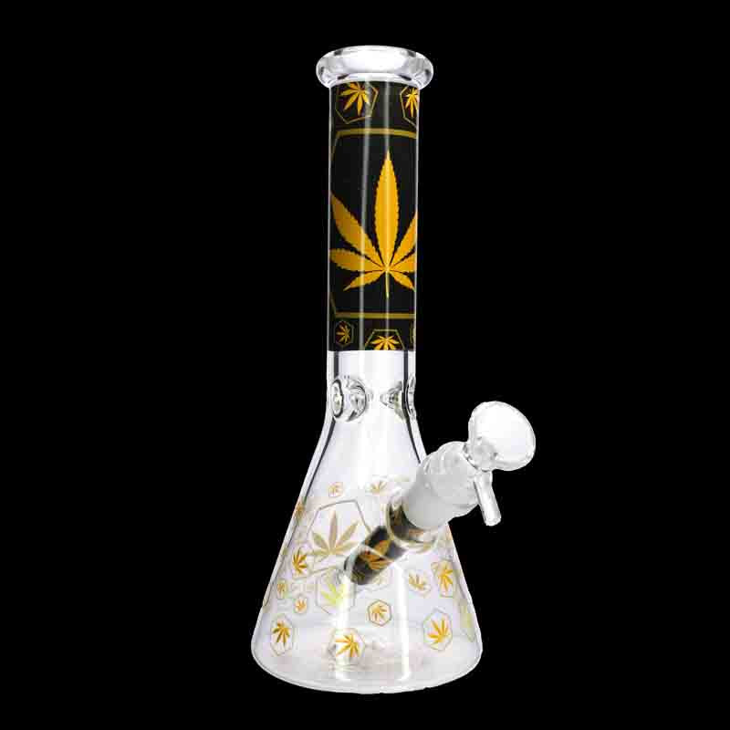 🌿✨ 10” Gold Leaf Beaker Bong – Premium Black & Gold Graphic Glass Water Pipe