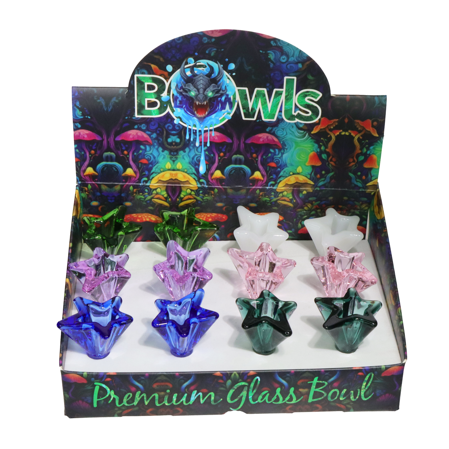 12 PCS – Star Design Premium Glass Bowls – Assorted Colors Wholesale Display