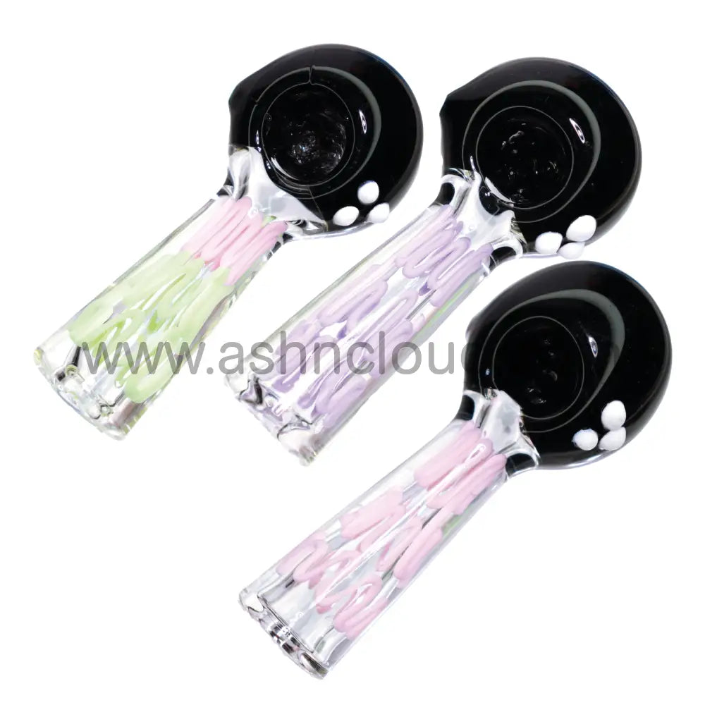 5 In - Black Head Polka Dots Swirl Creazy Body Clear Hand Pipe Spoon