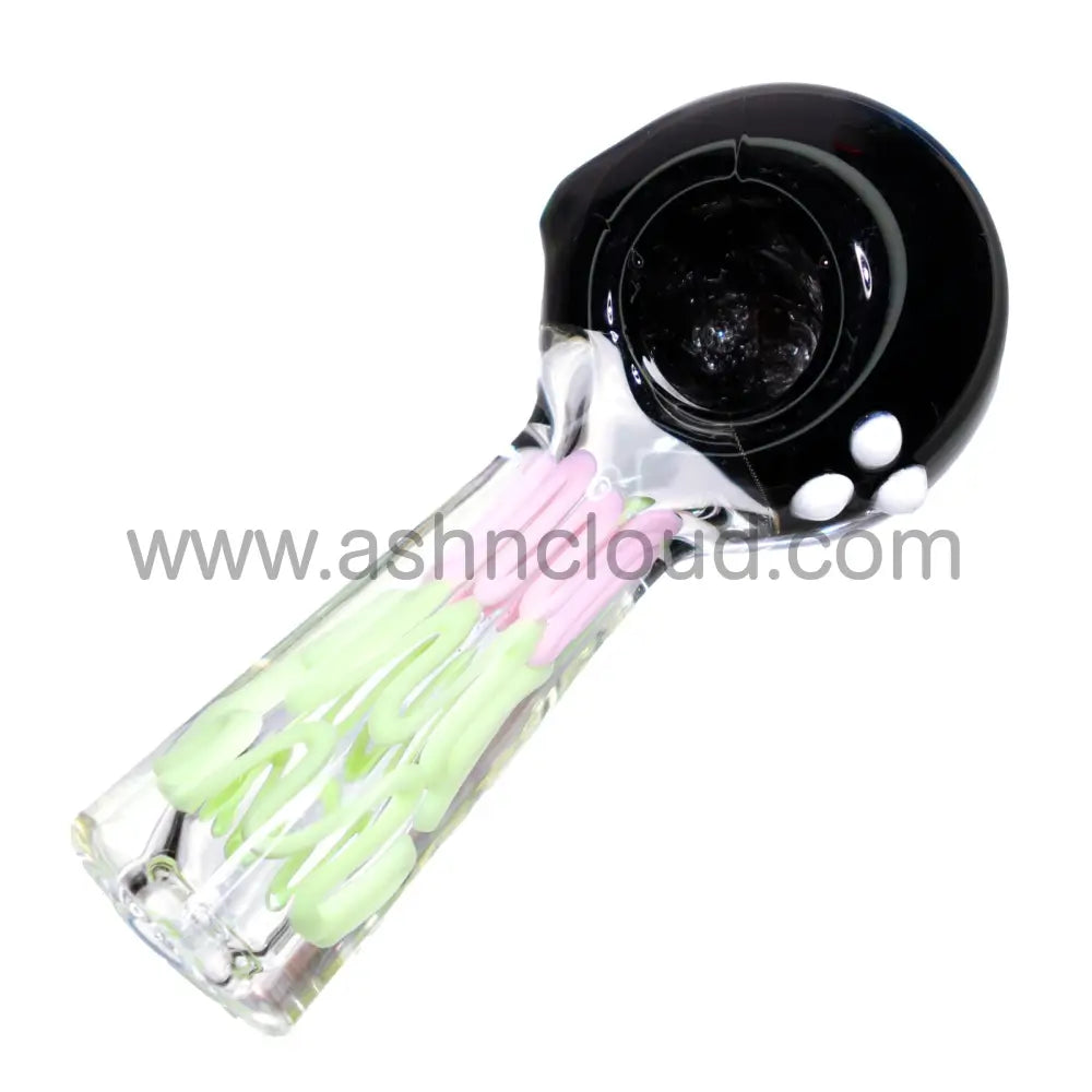 5 In - Black Head Polka Dots Swirl Creazy Body Clear Hand Pipe Spoon