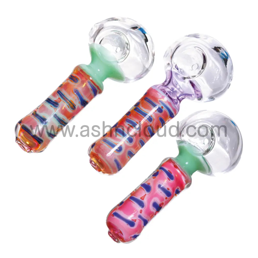 5 In - Clear Head Curvy Streaky Handle Glass Spoon Hand Pipe