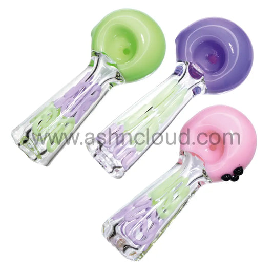 5 In - Color Head Slime Swirl Body Clear Fancy Glass Hand Pipe Spoon