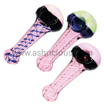 5 In - Fancy Doted Head Glass Twisted Pink Hand Pipe Spoon