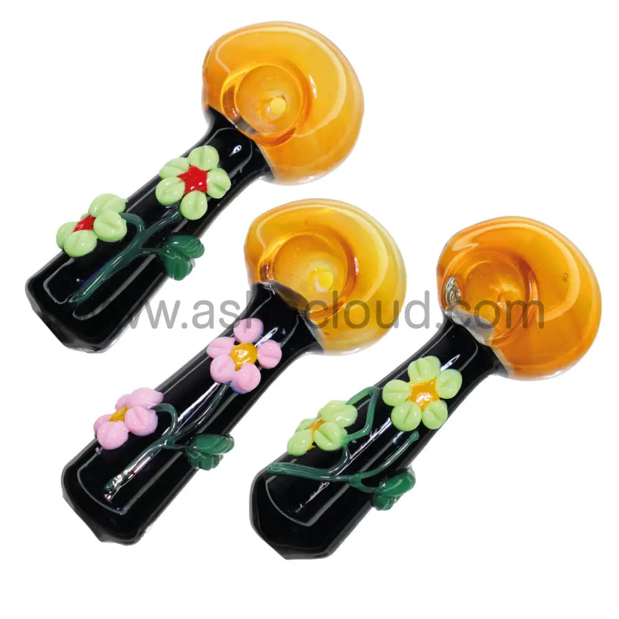 5.5 Inch Floral Glass Hand Pipe with Amber Bowl