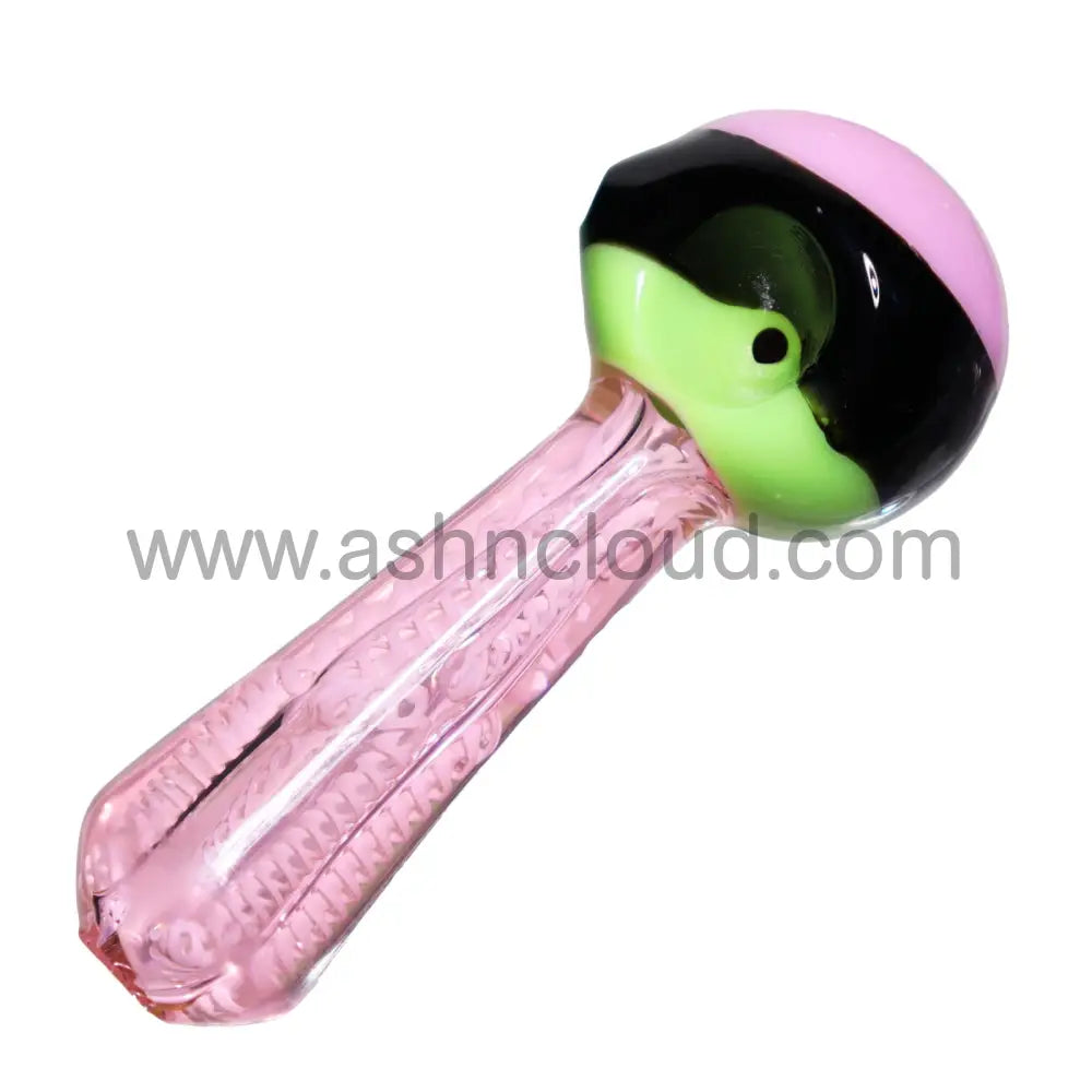 5 In - Pink Implosion Tails Multicolor Head Hand Pipe Spoon