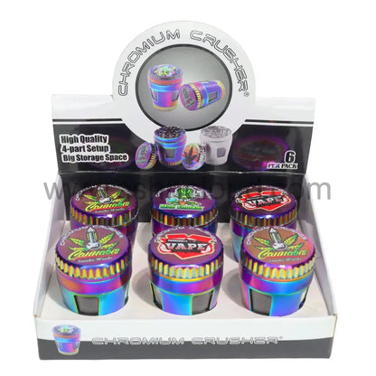6 PCS Display – Chromium Crusher 70413 GR-10 2-Inch 4-Piece Metal Herb Grinders – Rainbow Finish Wholesale