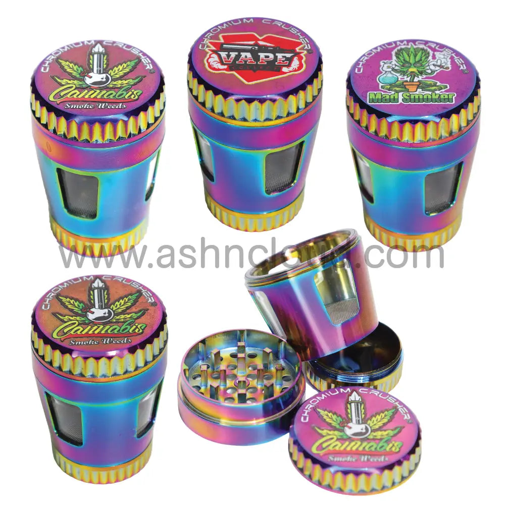 6 PCS Display – Chromium Crusher 70413 GR-10 2-Inch 4-Piece Metal Herb Grinders – Rainbow Finish Wholesale