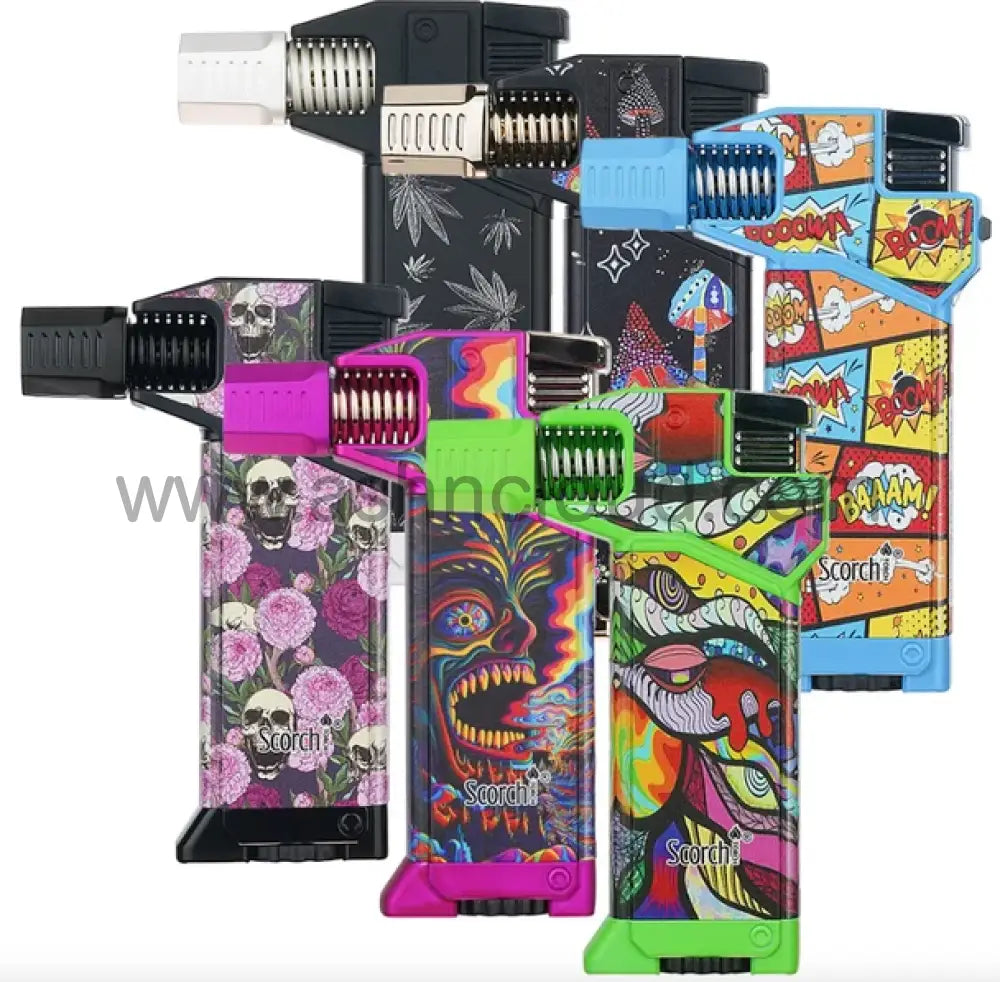 6 pcs - Scorch Torch 61831 Angled Butane Torch Lighter – Assorted Graphic Designs Wholesale