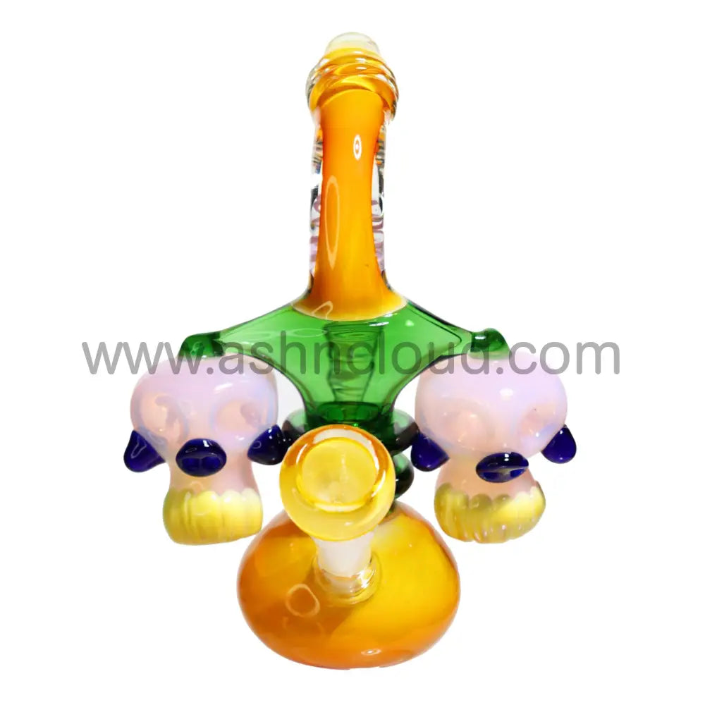 9 In - Double Skull Head Fancy Glass Bubbler