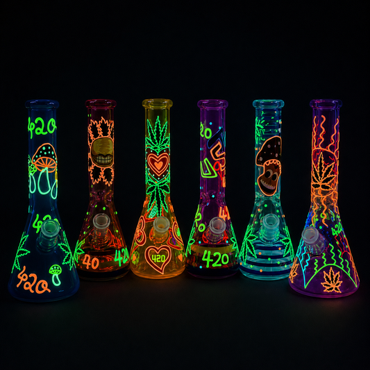 10-Inch Glow-in-the-Dark Hand-Painted Glass Beaker – Assorted Designs Wholesale