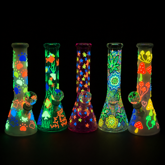 10-Inch Glow-in-the-Dark Hand-Painted Glass Beaker – Assorted Novelty Designs Wholesale