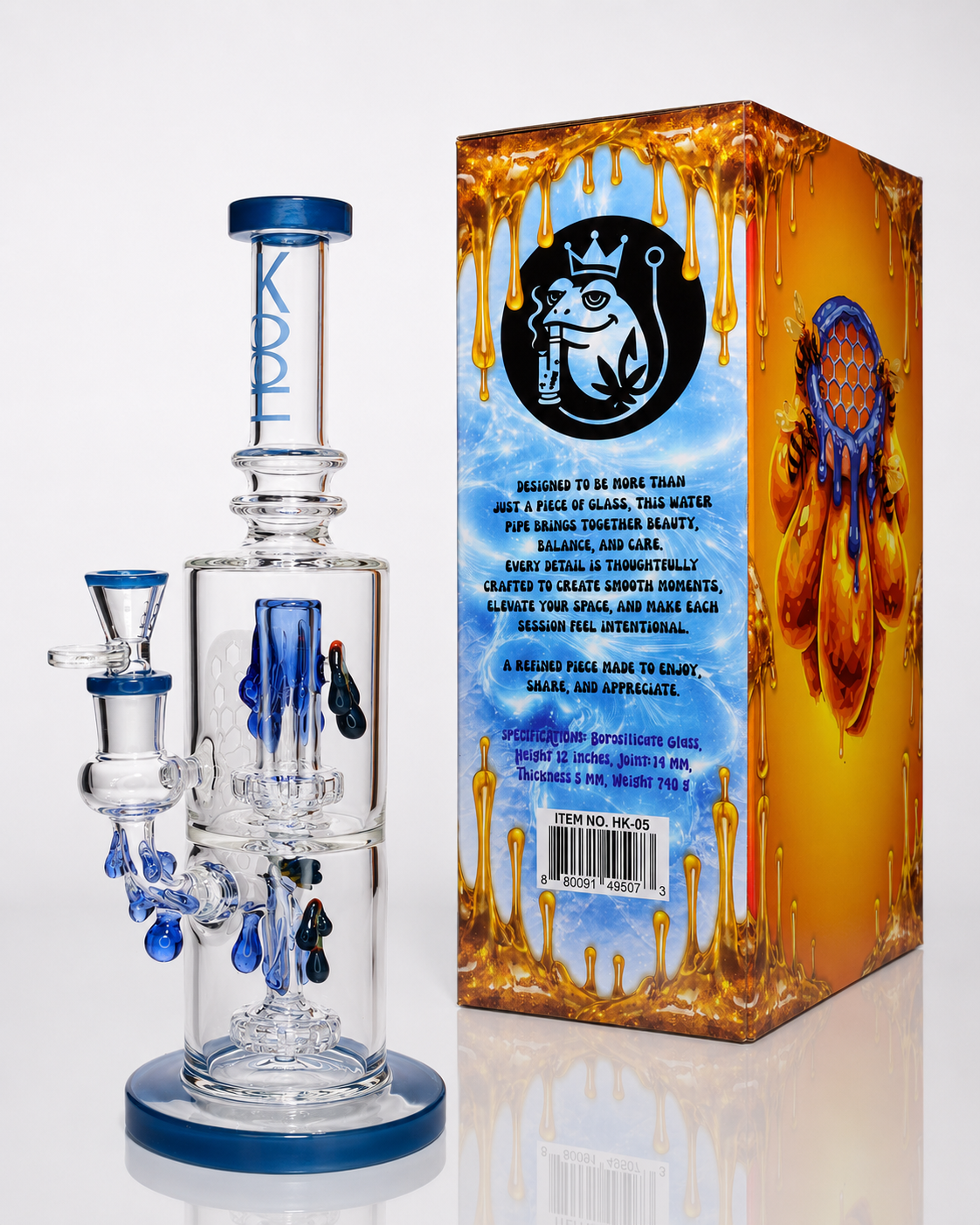 👑 HOOK HK-05 Clear Premium Honeycomb Recycler Glass Water Pipe with Collector's Gift Box – 12 Inch