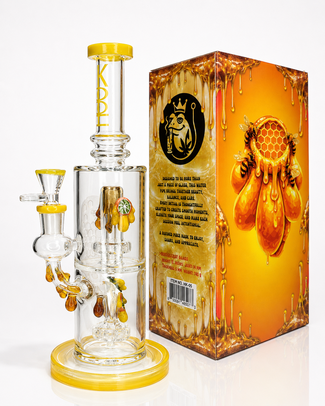👑 HOOK HK-05 Clear Premium Honeycomb Recycler Glass Water Pipe with Collector's Gift Box – 12 Inch
