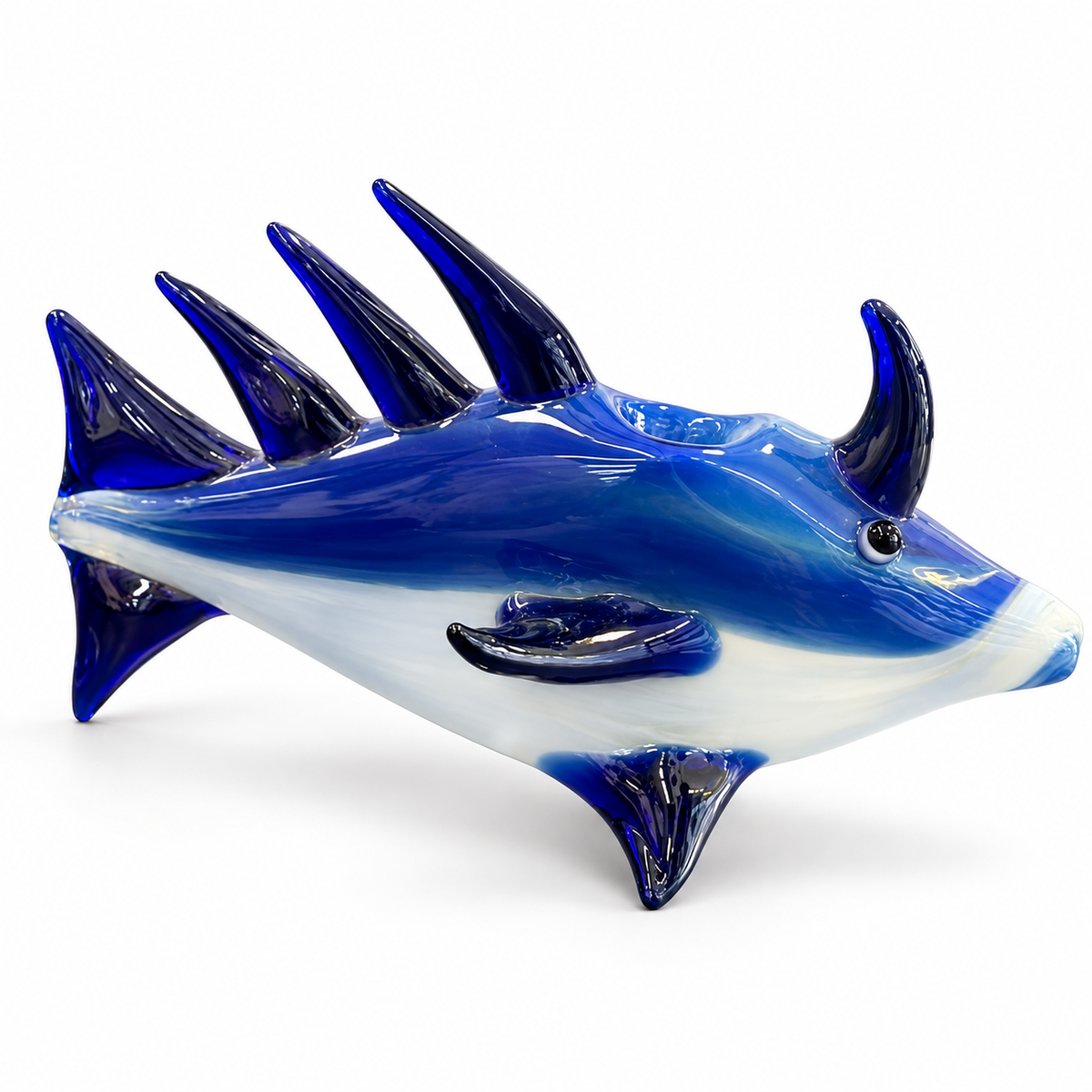 Spiky Horned Fish Glass Pipe – Blue & White