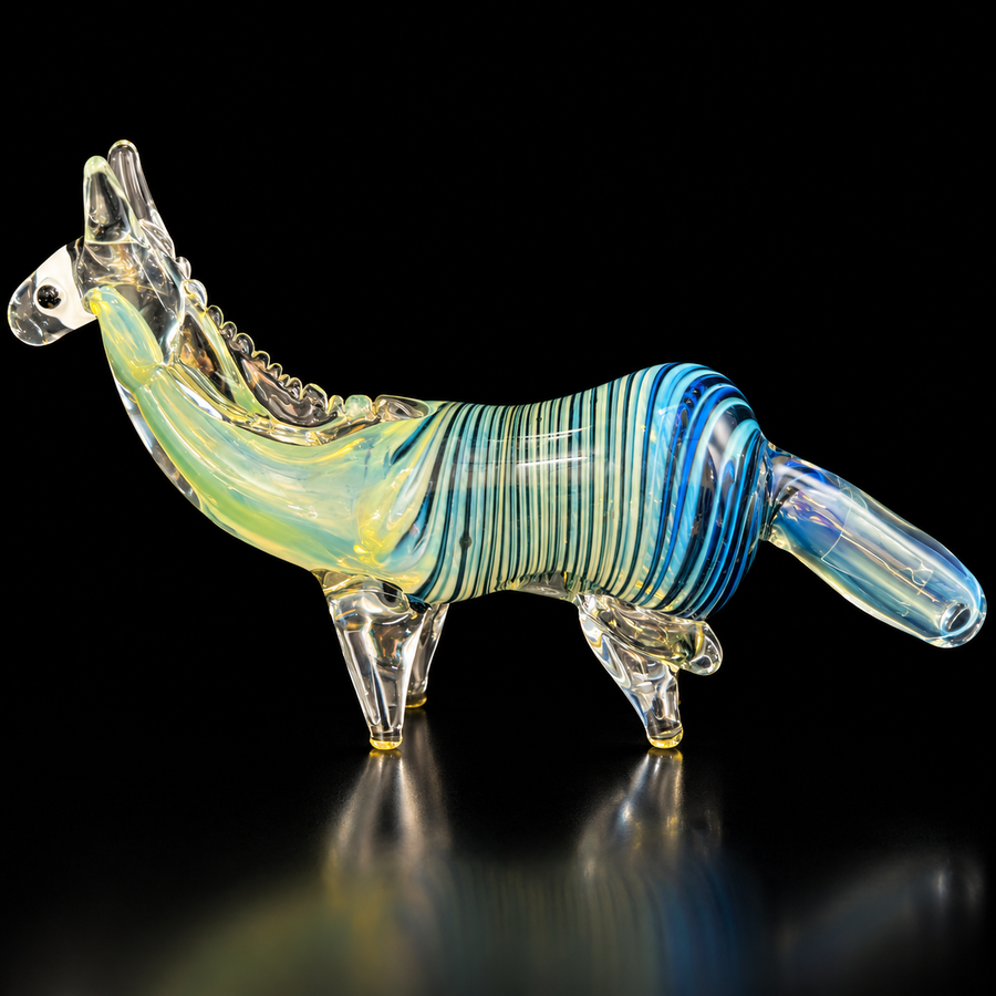Horse Glass Pipe – Fumed with Blue Stripes