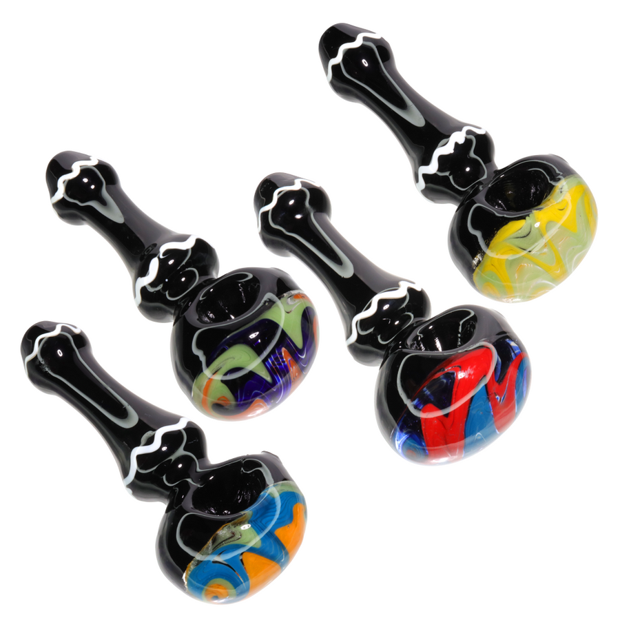 5 Inch Black Glass Hand Pipe, Color Swirl Bowl