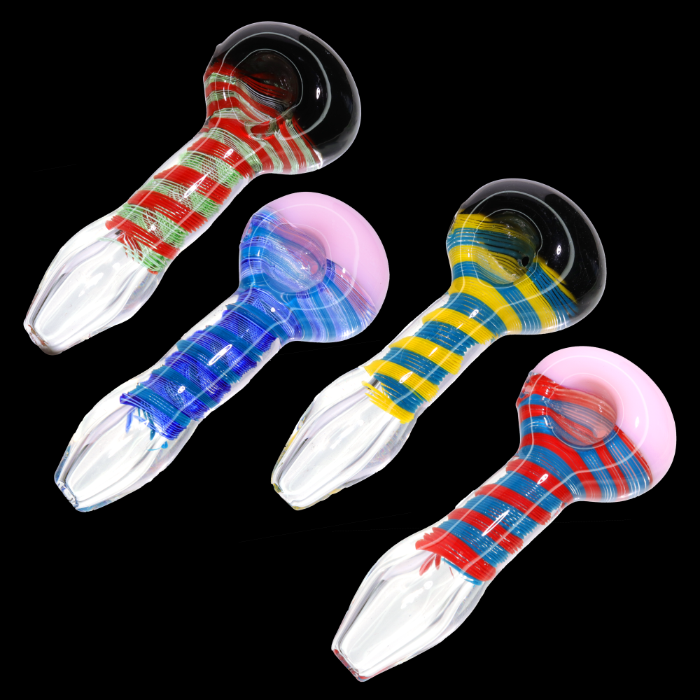 5.5" Heavy Wrap & Rake Glass Hand Pipe – Thick Spoon Pipe with Color-Wrapped Stem