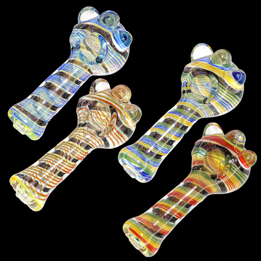 5" Heavy Fumed Linework Glass Hand Pipe – Color Stripe Spoon Pipe with Marble Accents