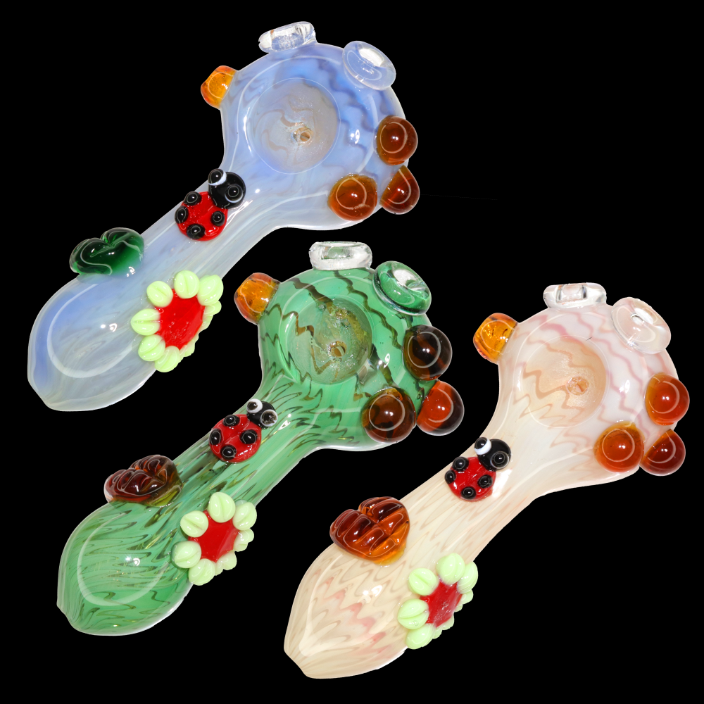 4.5" Novelty Marble Glass Hand Pipe – Character Accent Spoon Pipe Bees and Flowers