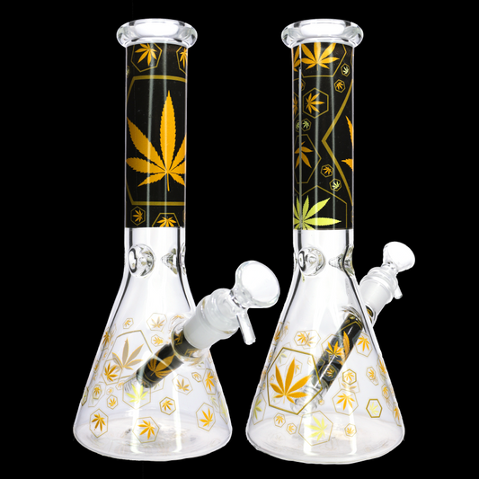 🌿✨ 10” Gold Leaf Beaker Bong – Premium Black & Gold Graphic Glass Water Pipe
