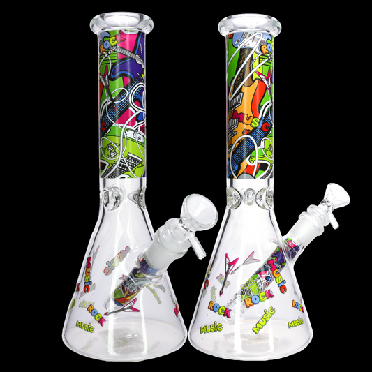 🎸🔥 10” Rock Music Beaker Bong – Colorful Graphic Glass Water Pipe