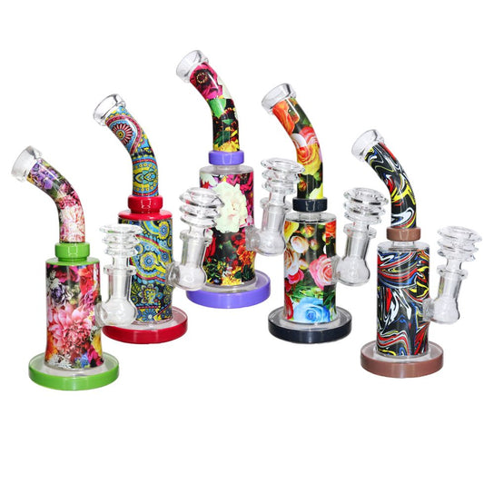 Flower Design Print Water Pipe – Compact 8" Assorted Color Accents | Wholesale