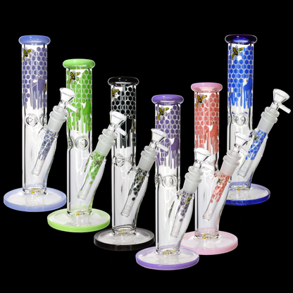 10" Straight Honeycomb Water Pipe | 5mm Thick | Bee & Honey Drip Design | Wholesale