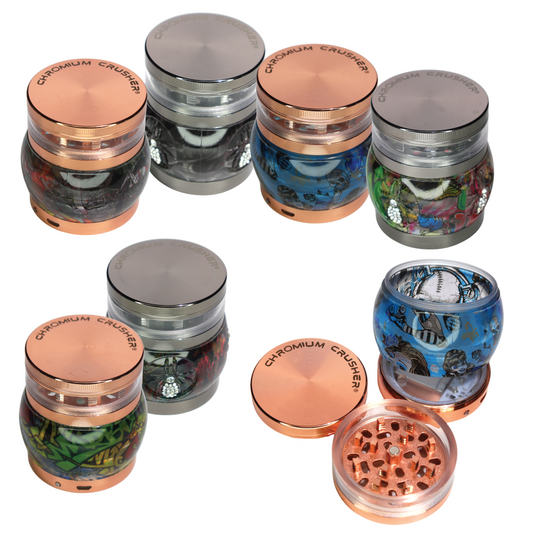 Six 70437 Chromium Crusher Bling Bug light-up 2.5-inch grinders with see-through storage